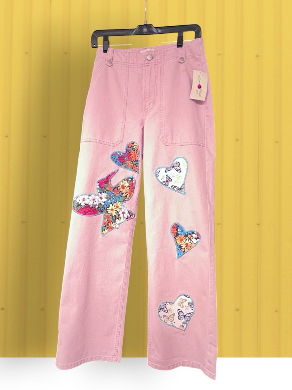 Aloha Refashioned Pink Floral Hummingbird &Butterfly Jeans | Sz. 4